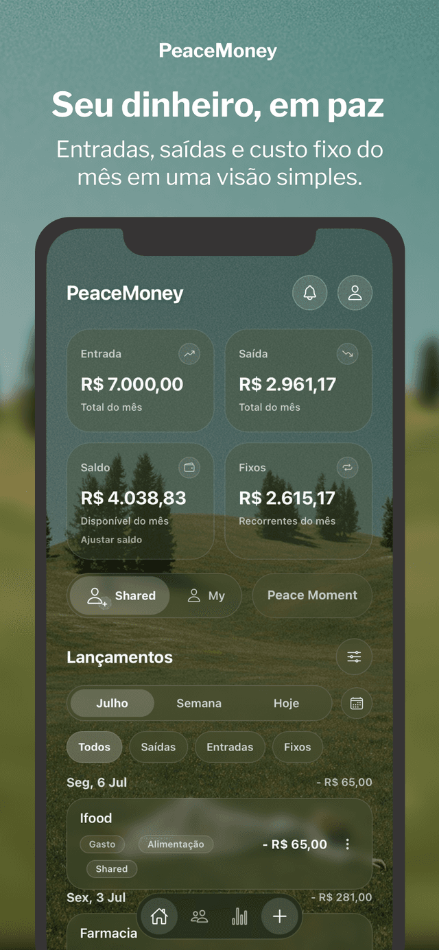 Tela principal do PeaceMoney