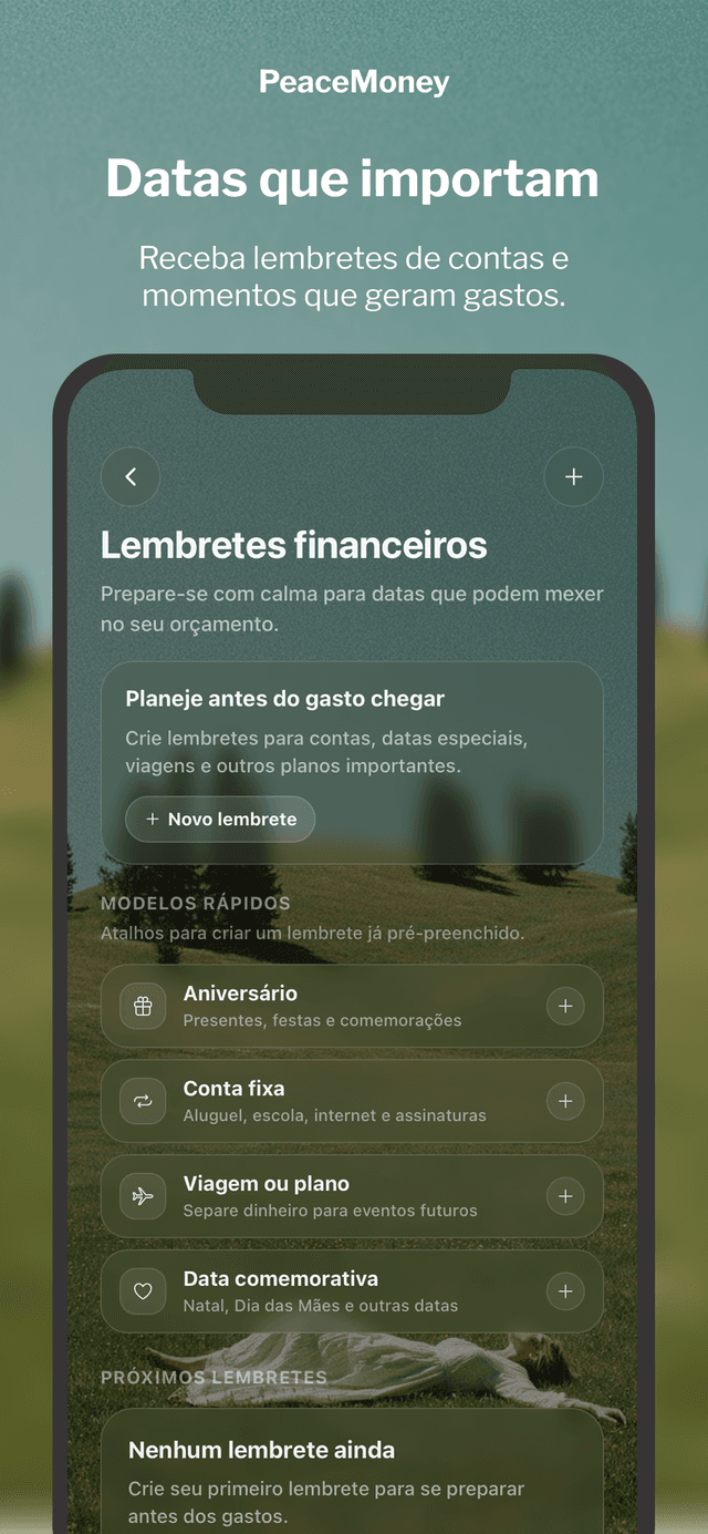 Lembretes financeiros no PeaceMoney